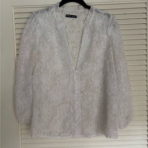 Sheer Feathered White Lace Blouse